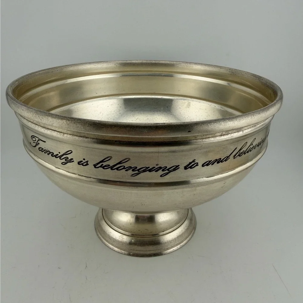 Pottery Barn Pedestal Bowl Silver Plated Excellent Family Inscription Decorative
